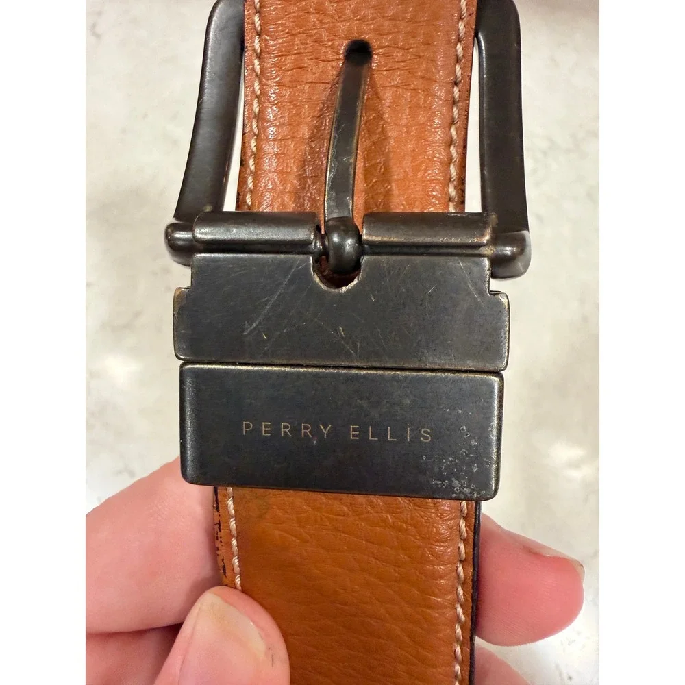 Perry Ellis Mens Reversible Leather Belt Black Tan Size 32